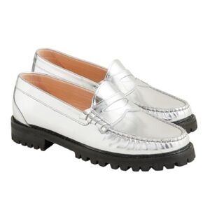 J.Crew Winona Lug-Sole Penny Loafers Silver Leather Size 6